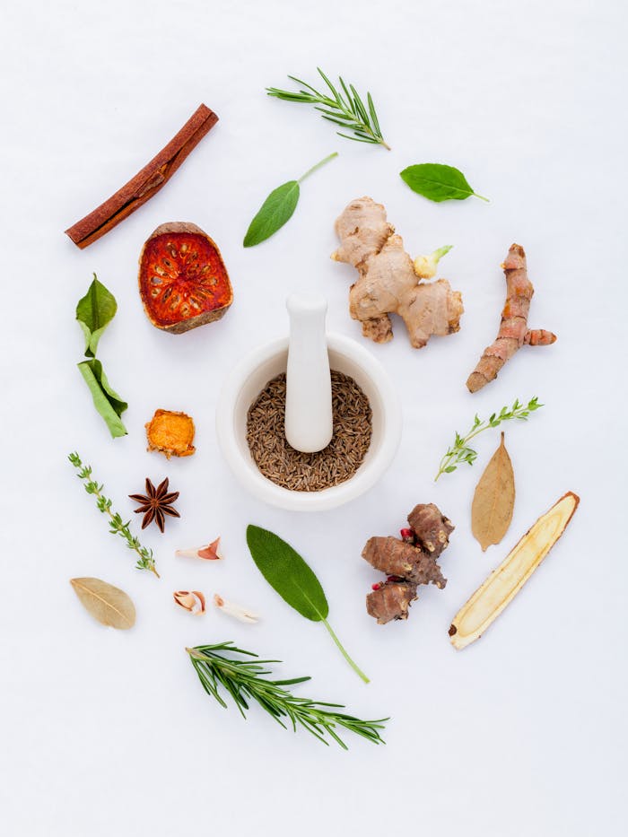 A flat lay of diverse spices and herbs surrounding a mortar and pestle on a white background.